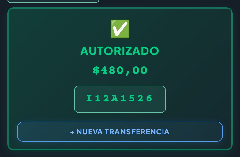 Pantalla de la plataforma con una transferencia autorizada y su código — datos de demostración