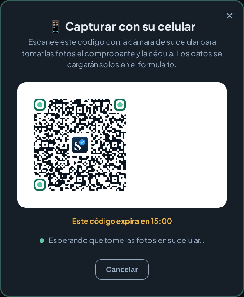 Ventana de la plataforma con el código QR para capturar desde el celular